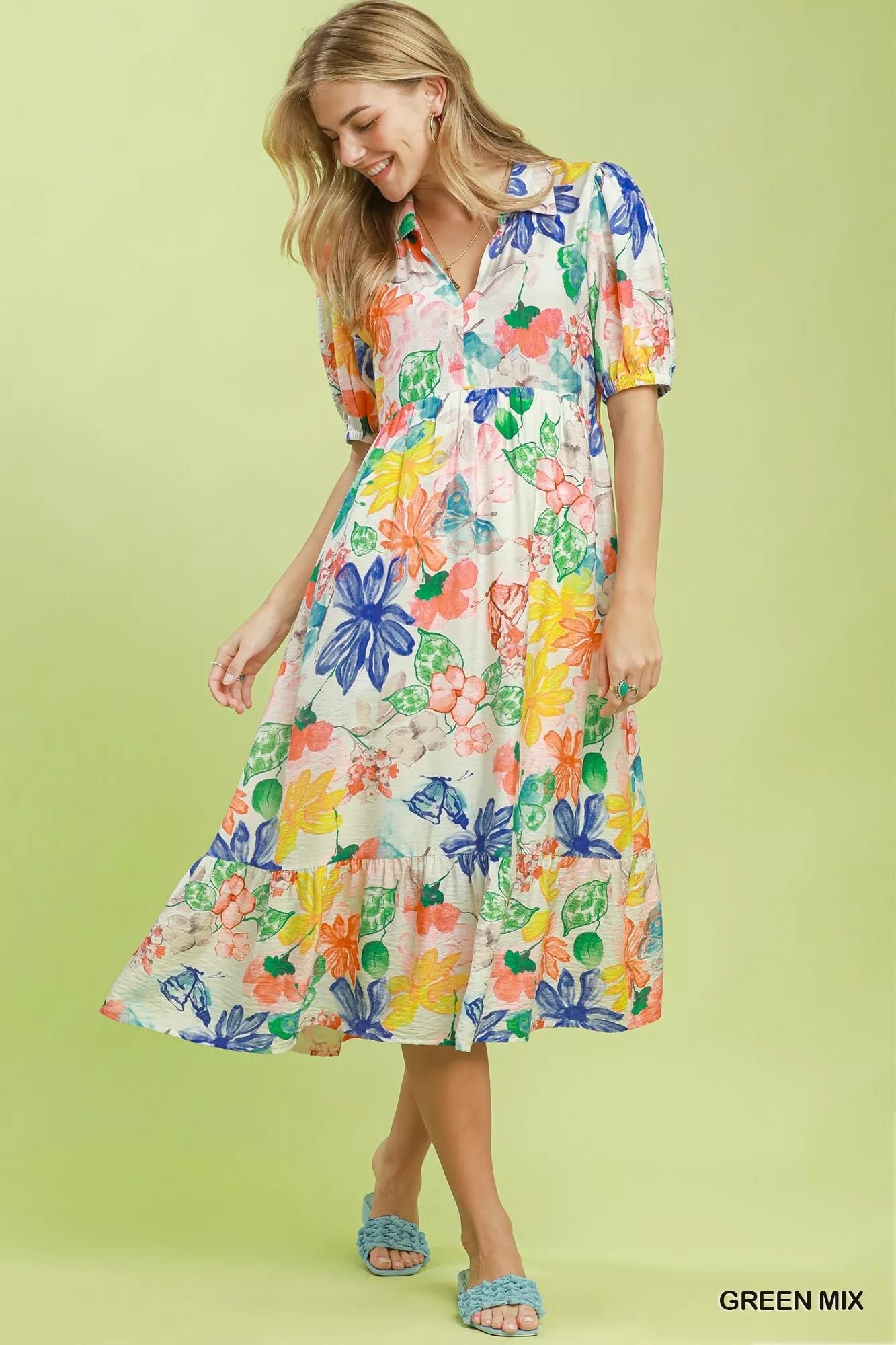 Umgee Watercolor Floral Tiered Midi Dress view 4 (dress) - can you use watercolor on clothes, how to pa - shop at us.meeeshop