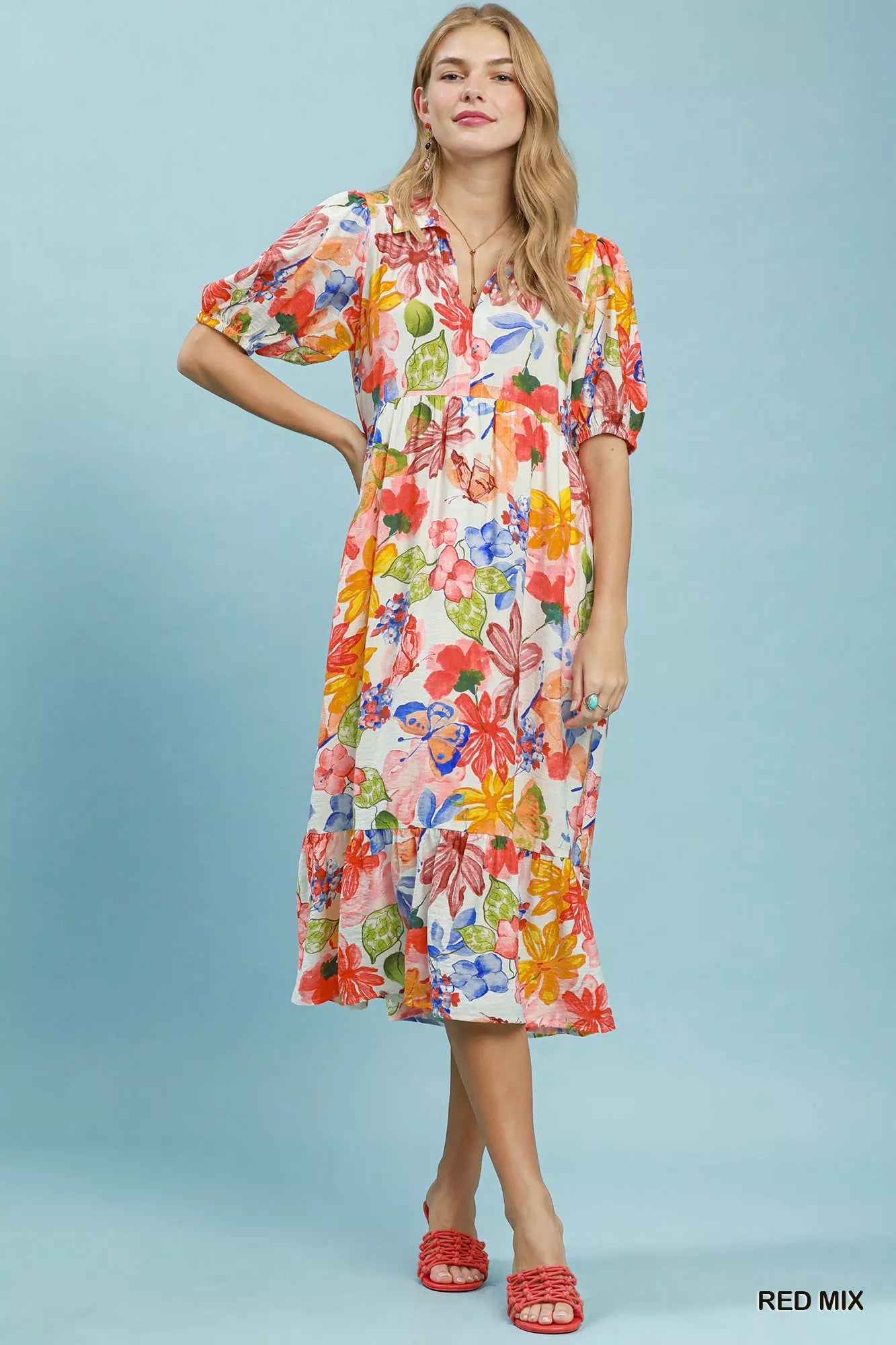 Umgee Watercolor Floral Tiered Midi Dress view 4 (dress) - can you use watercolor on clothes, how to pa - shop at us.meeeshop