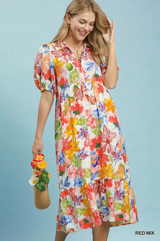 umgee watercolor floral Umgee Watercolor Floral Tiered Midi Dress RED MIX (dress) - shop at us.meeeshop