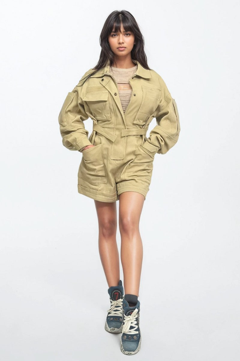 Utility Belted Khaki Romper – Cargo Pocket Detail in M view 2 - Belted Utility Romper (one-piece)