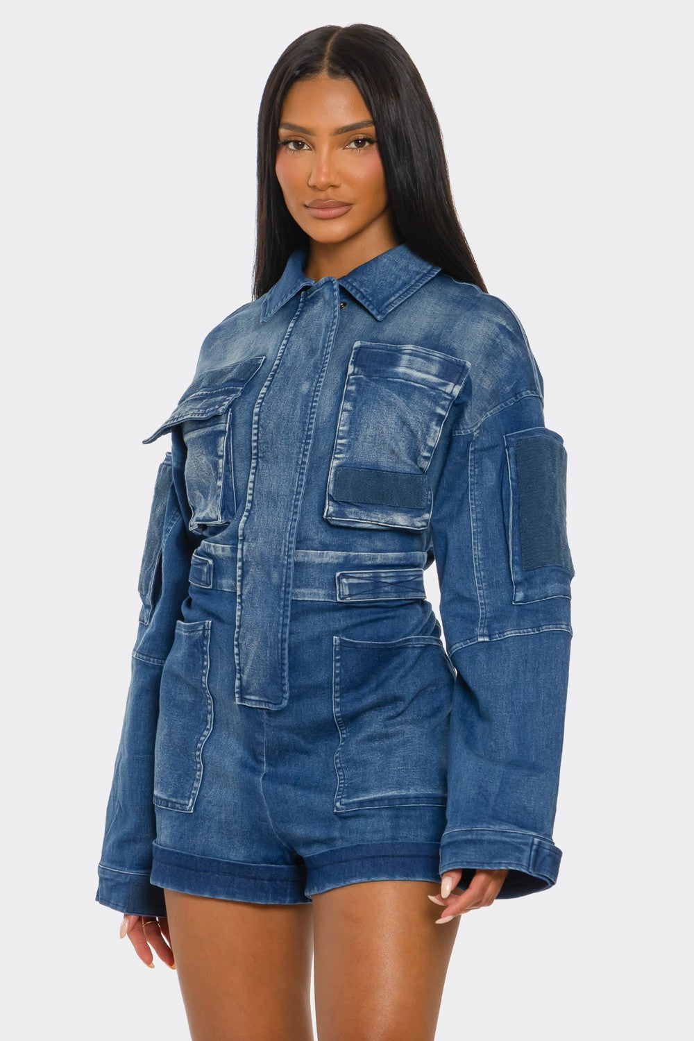 Utility Belted Khaki Romper – Cargo Pocket Detail in L view 3 - Belted Utility Romper (one-piece)