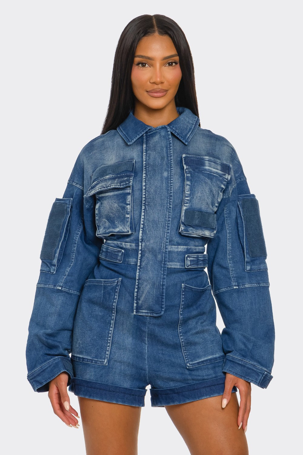 Utility Belted Khaki Romper – Cargo Pocket Detail in 1XL view 4 - Belted Utility Romper (one-piece)