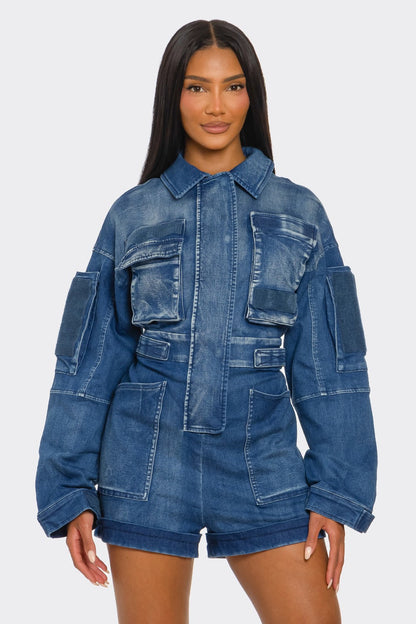 Utility Belted Khaki Romper – Cargo Pocket Detail in 1XL view 4 - Belted Utility Romper (one-piece)