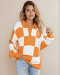 V Neck Checkered Sweater - Tangerine Grapefruit Orange (layer) - tangerine sweater, checkered tangerine - shop at us.meeeshop