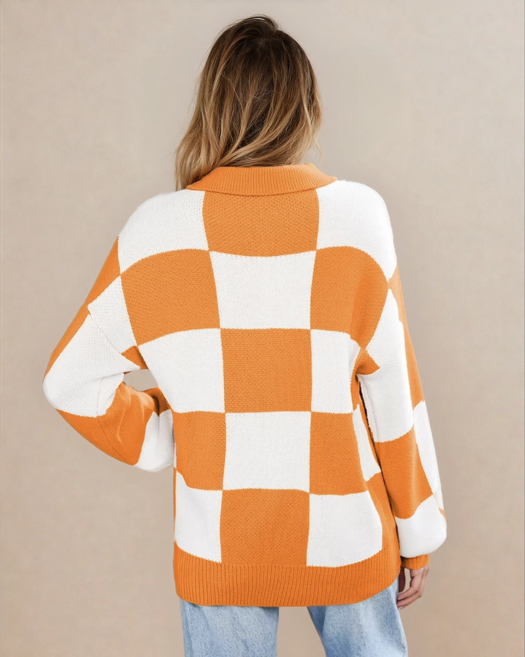 V Neck Checkered Sweater - Tangerine Grapefruit Orange view 3 (layer) - tangerine sweater, checkered ta - shop at us.meeeshop