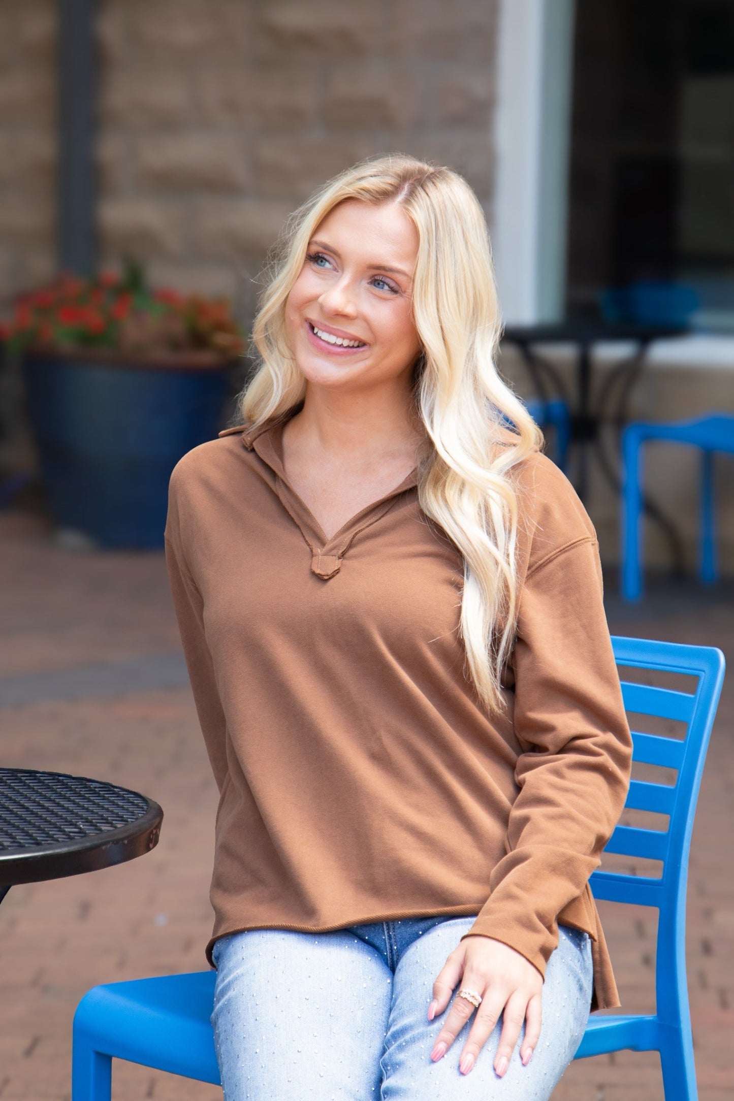 V-neck Collared Pullover, Brown in Brown - Brown Collared Pullover (top)