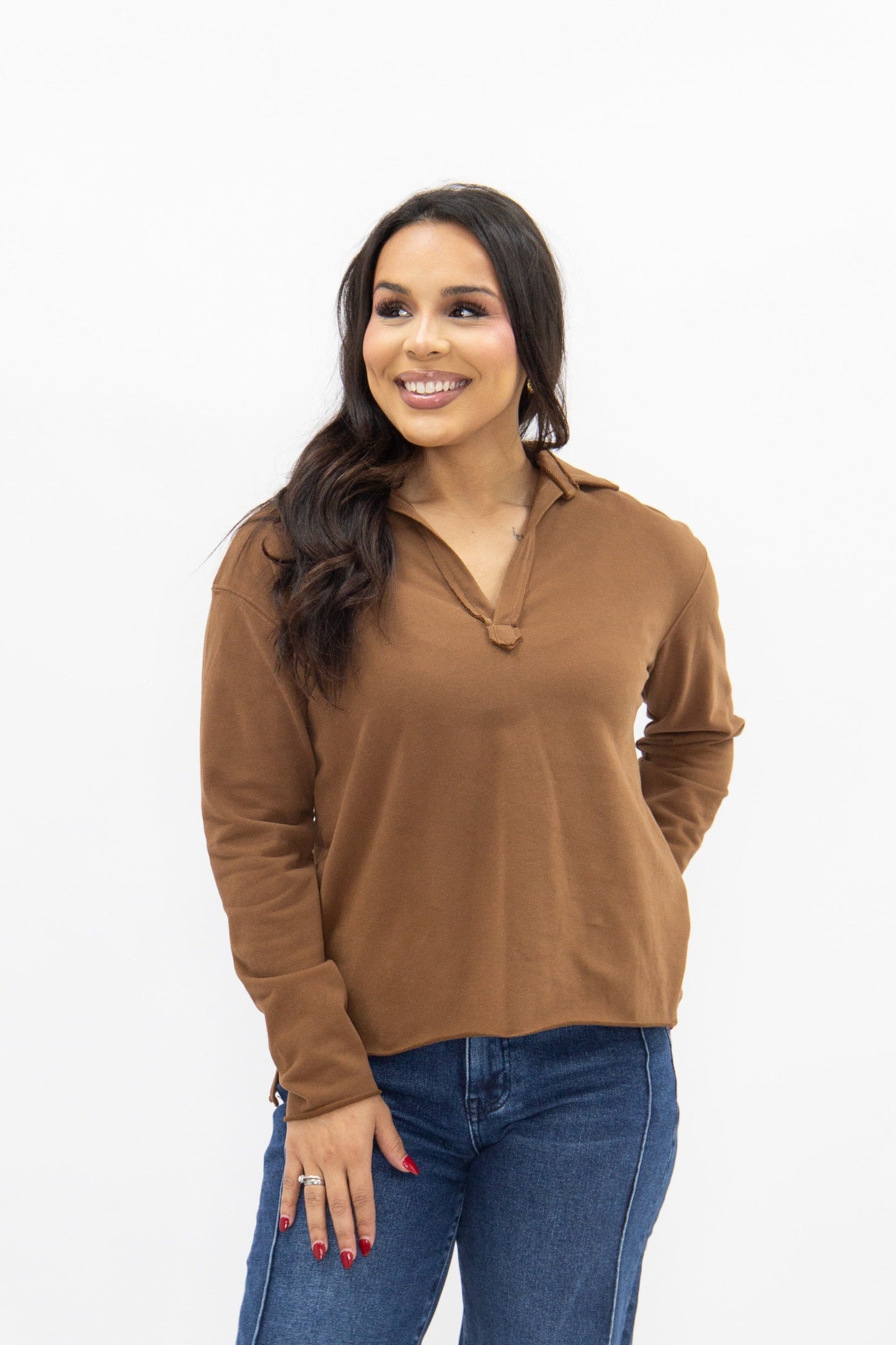 V-neck Collared Pullover, Brown in Brown view 3 - Brown Collared Pullover (top)