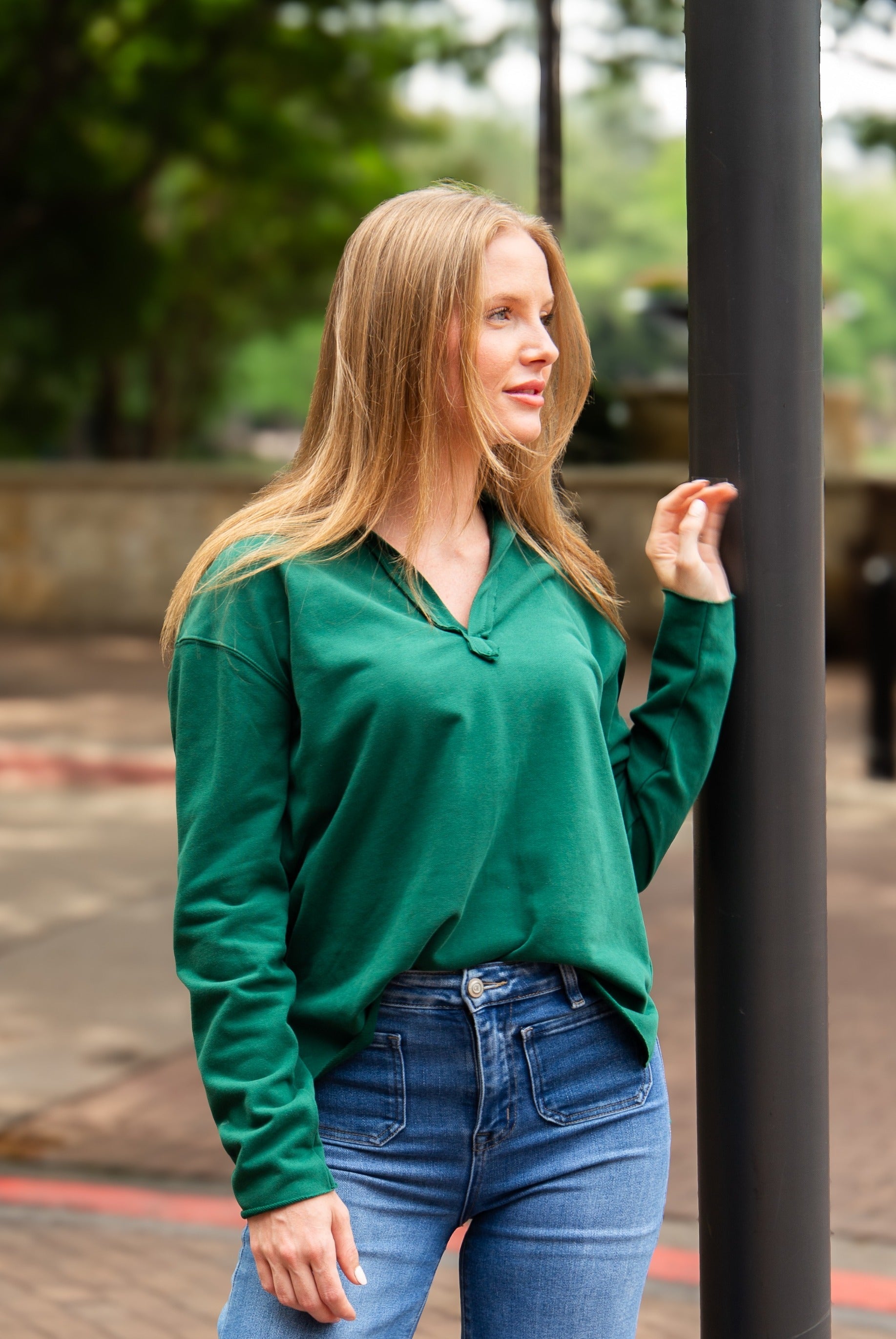 V-neck Collared Pullover, Green in Green - Green Collared Pullover (top)