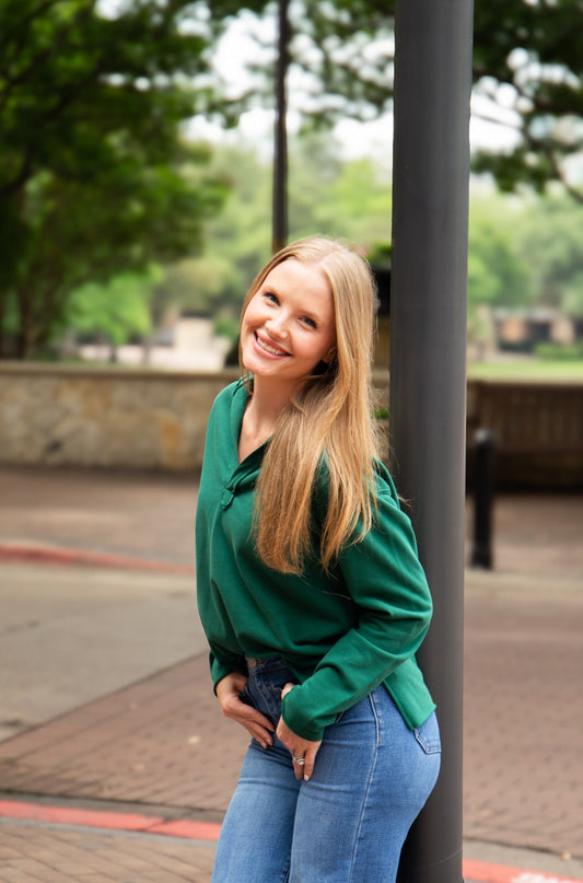 V-neck Collared Pullover, Green in Green view 2 - Green Collared Pullover (top)