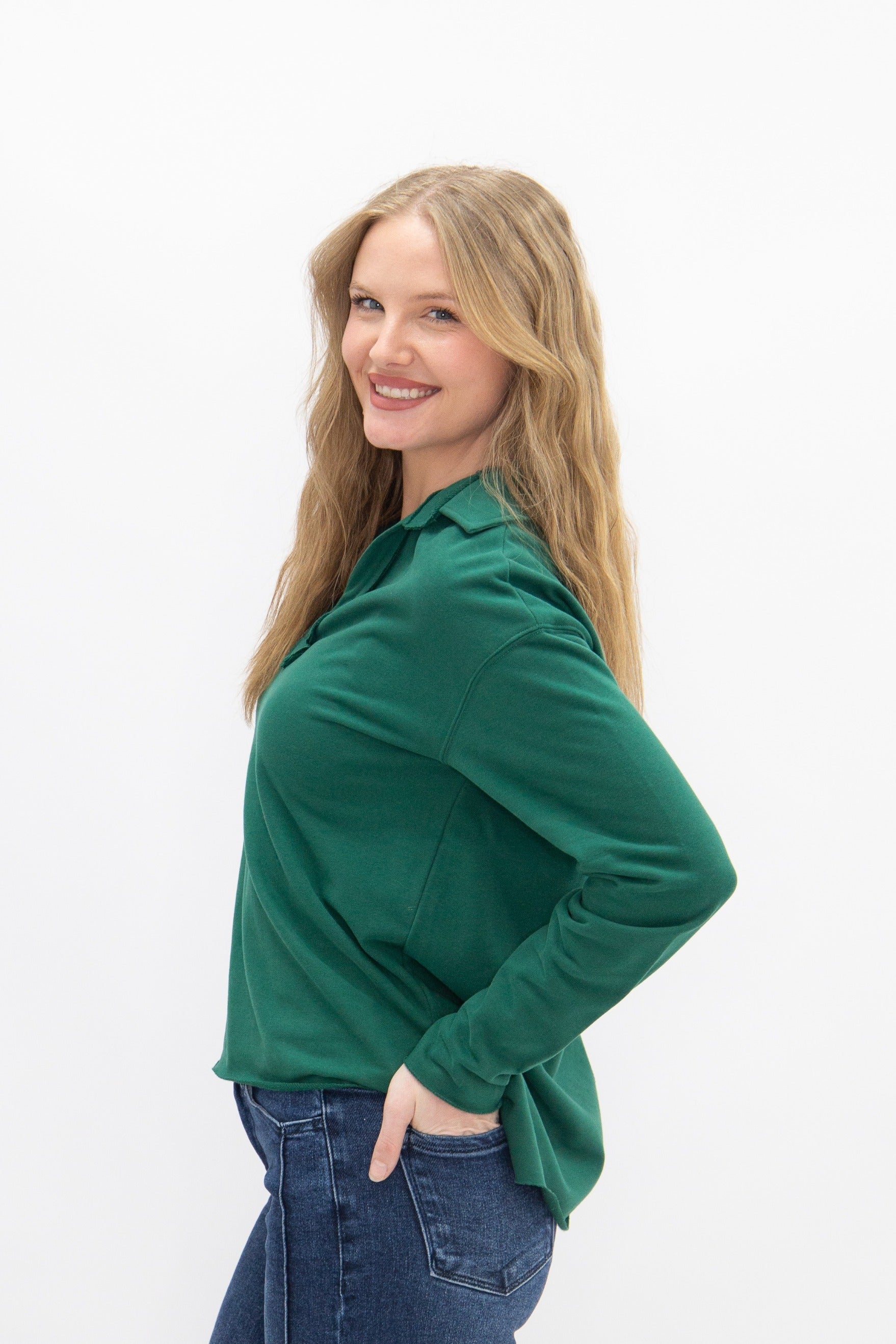 V-neck Collared Pullover, Green in Green view 4 - Green Collared Pullover (top)