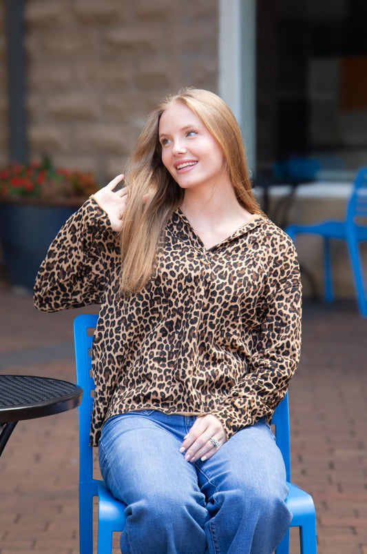V-neck Collared Pullover, Leopard in Leopard - Leopard Collared Sweater (top)