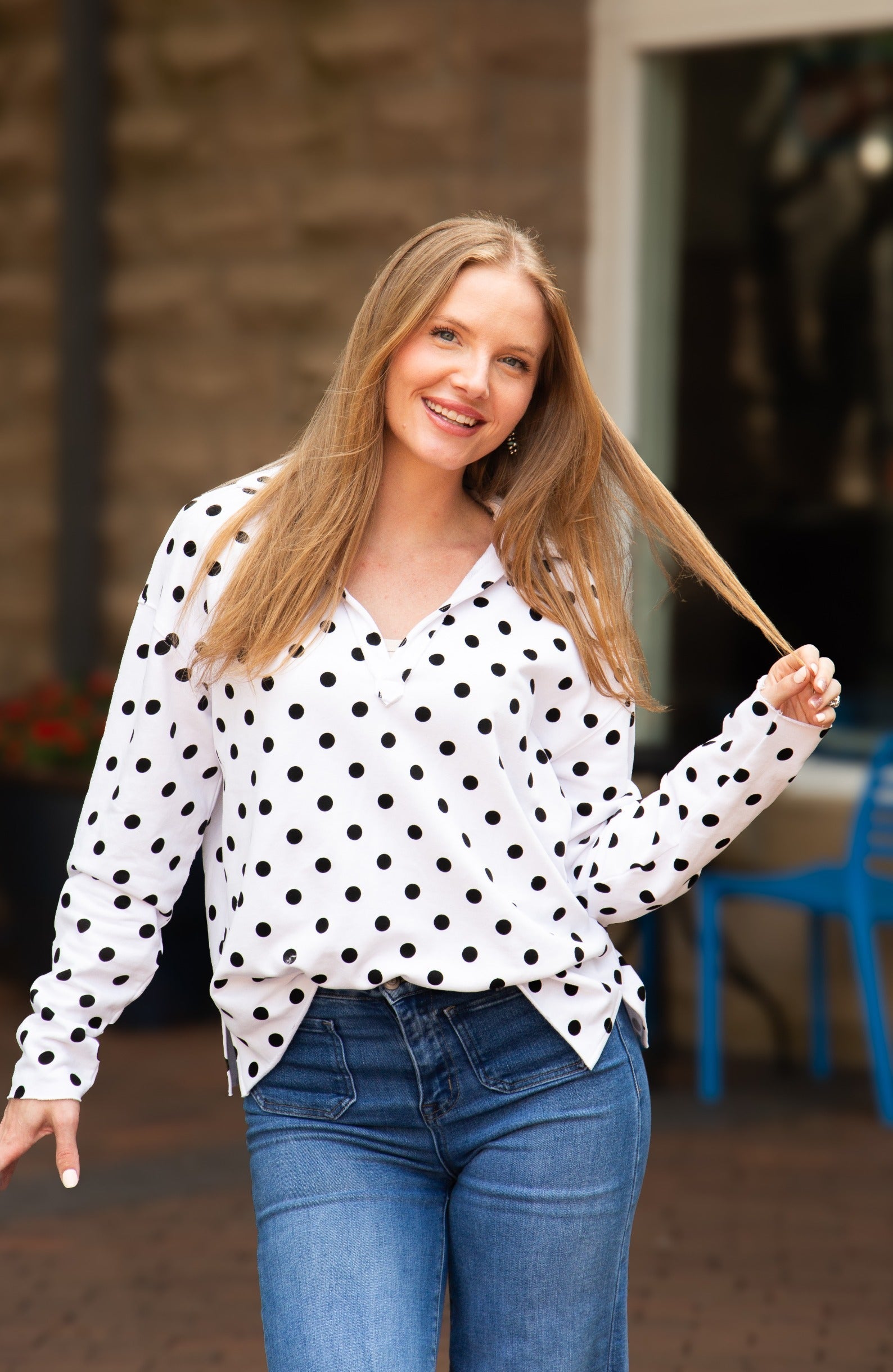 V-neck Collared Pullover, Polka Dot in Black Polka Dot - Pol Pullover (top)