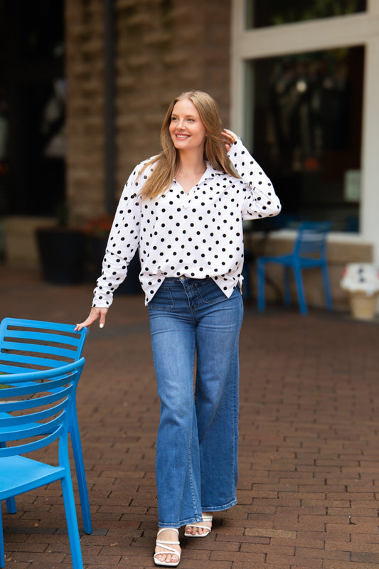 V-neck Collared Pullover, Polka Dot in Black Polka Dot view 2 - Pol Pullover (top)