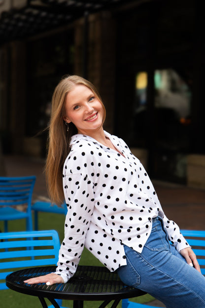 V-neck Collared Pullover, Polka Dot in Black Polka Dot view 3 - Pol Pullover (top)