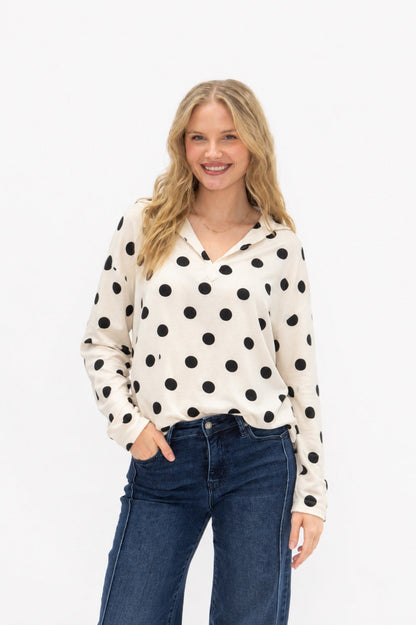 V-neck Collared Pullover, Polka Dot in Black Polka Dot view 4 - Pol Pullover (top)