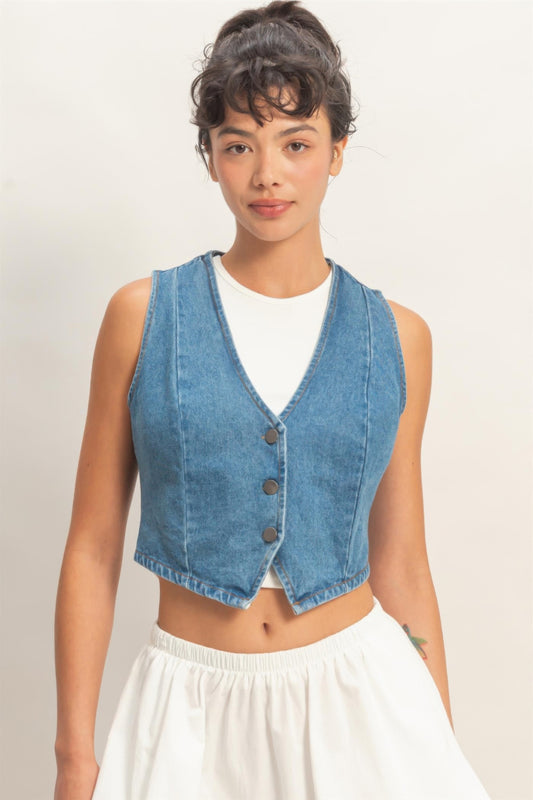 V-neck Sleeveless Denim Vest in S - Sleeveless Denim Vest Women (bottom)