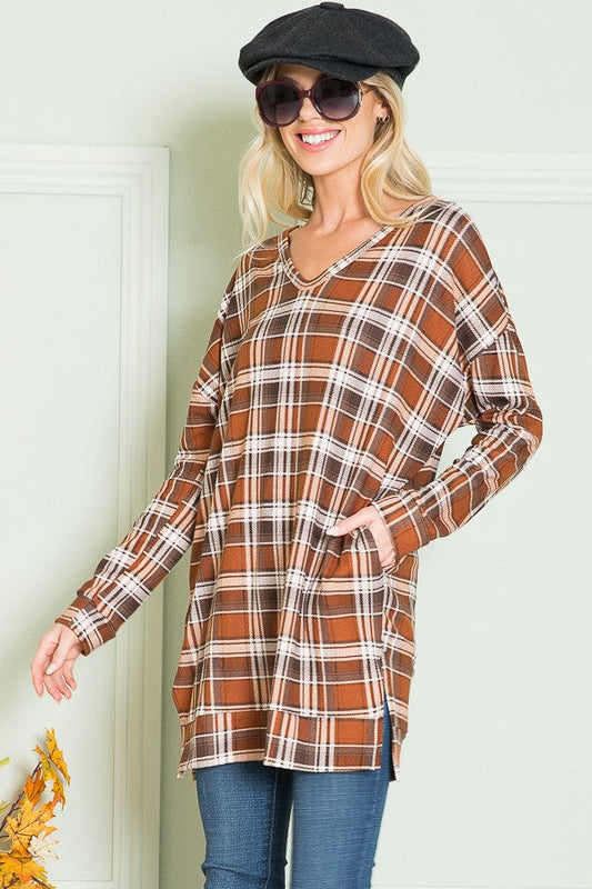 V Neck Sweater Tunic W/ Pockets in Plaid Brown - Pockets Sweater (top)