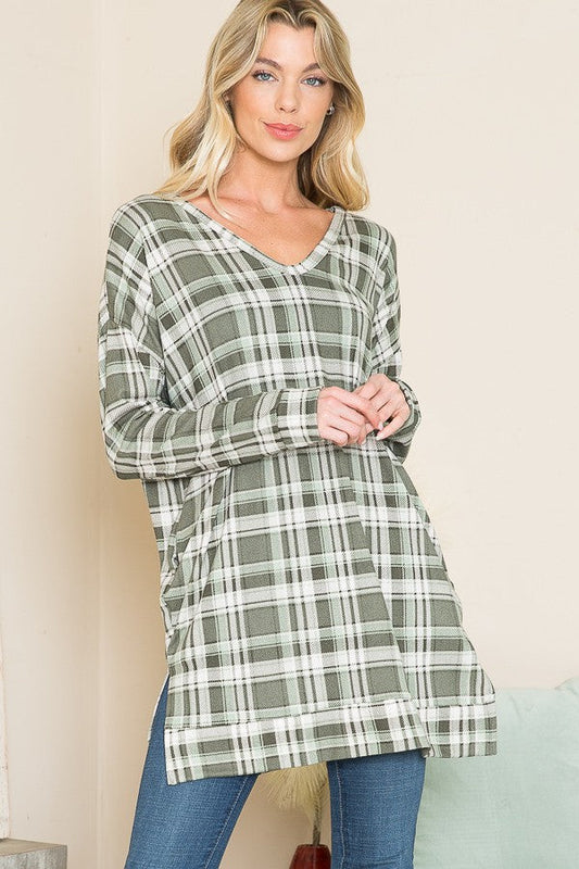 V Neck Sweater Tunic W/ Pockets in Plaid Brown view 2 - Pockets Sweater (top)
