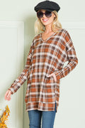 V Neck Sweater Tunic W/ Pockets Plaid Brown (top) - pocket tunic sweater, what is a tunic sweater, tuni - shop at us.meeeshop