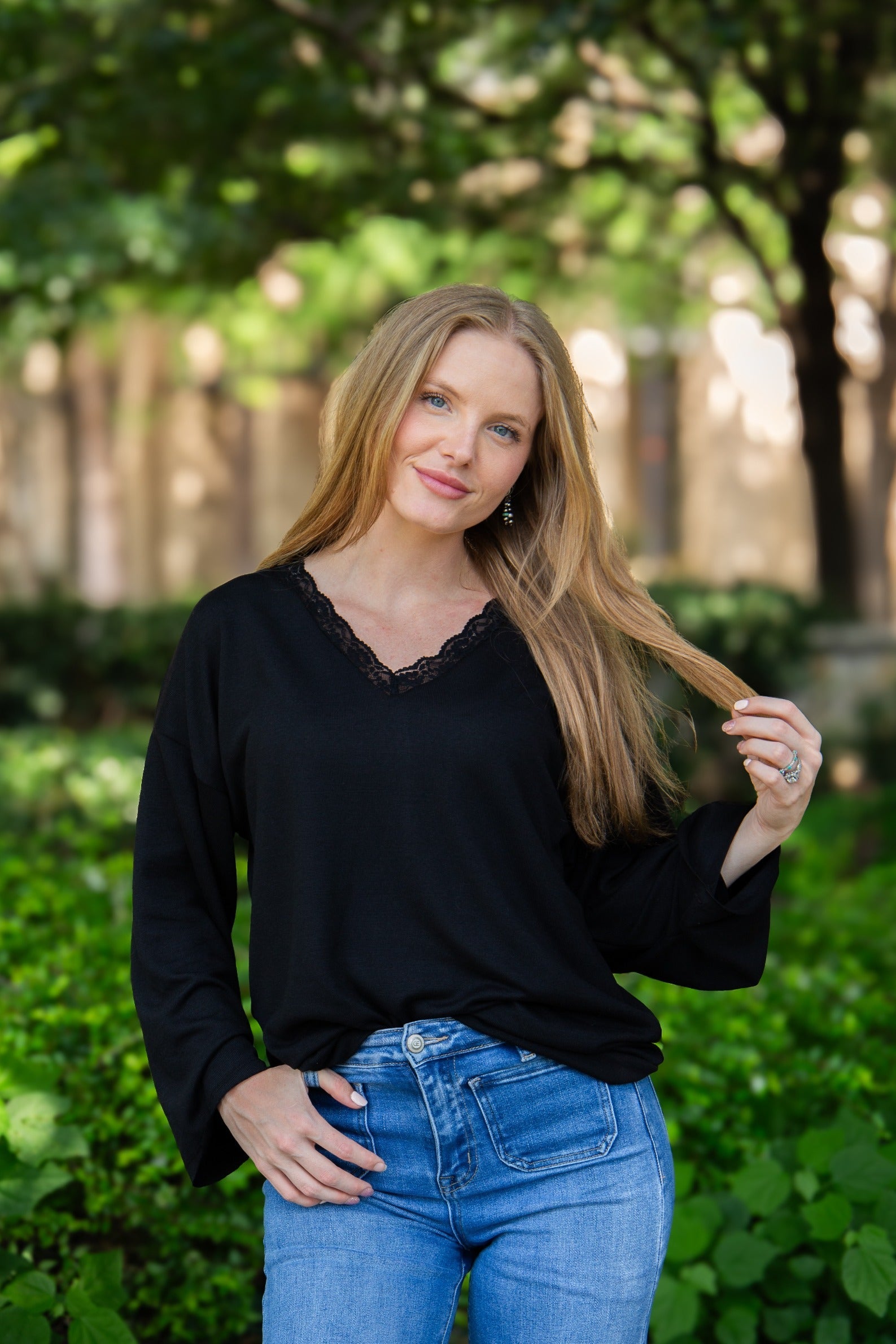 V-neck Top with Lace Trim, Black in Black - Lace Trim Tops For Women