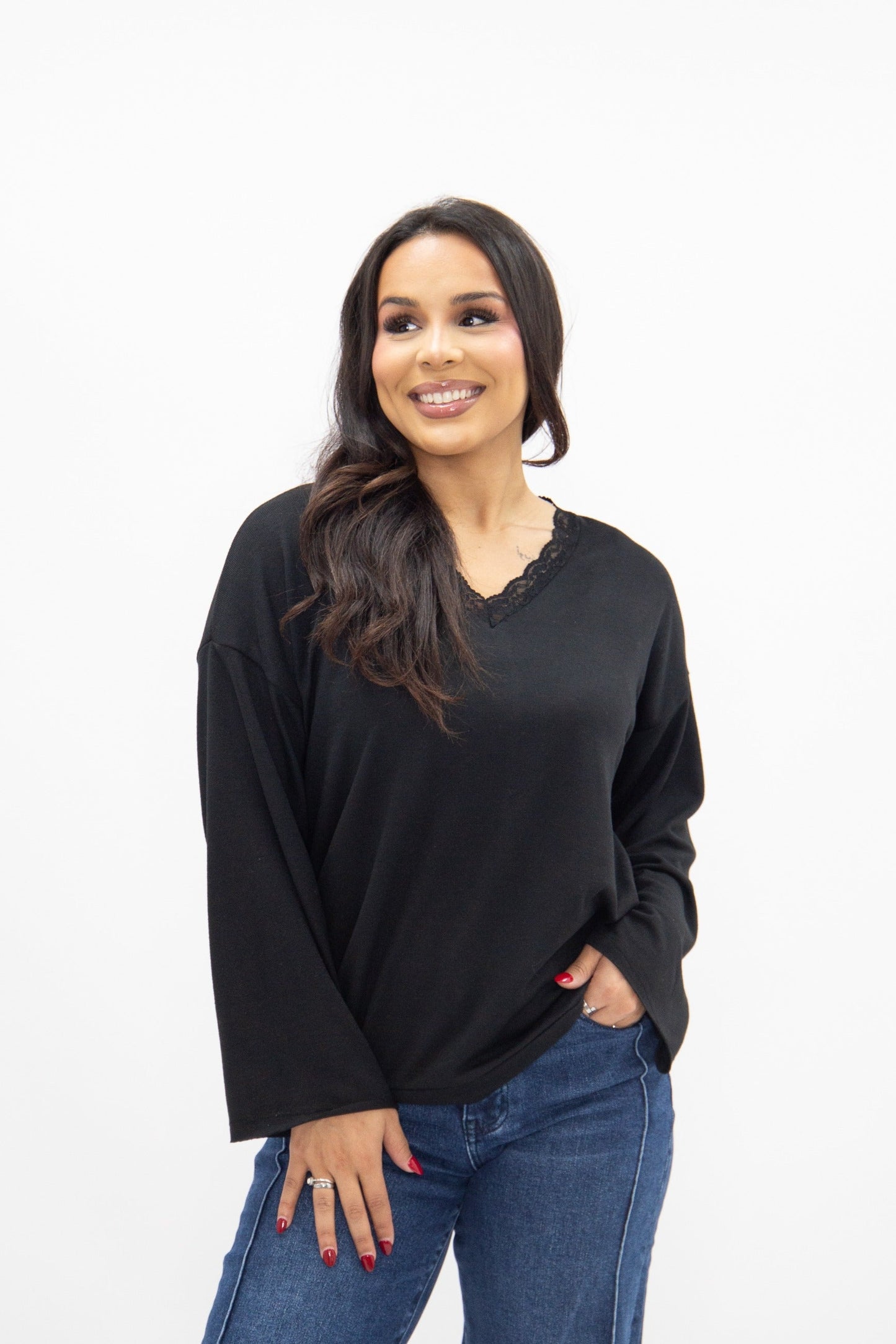 V-neck Top with Lace Trim, Black in Black view 3 - Lace Trim Tops For Women