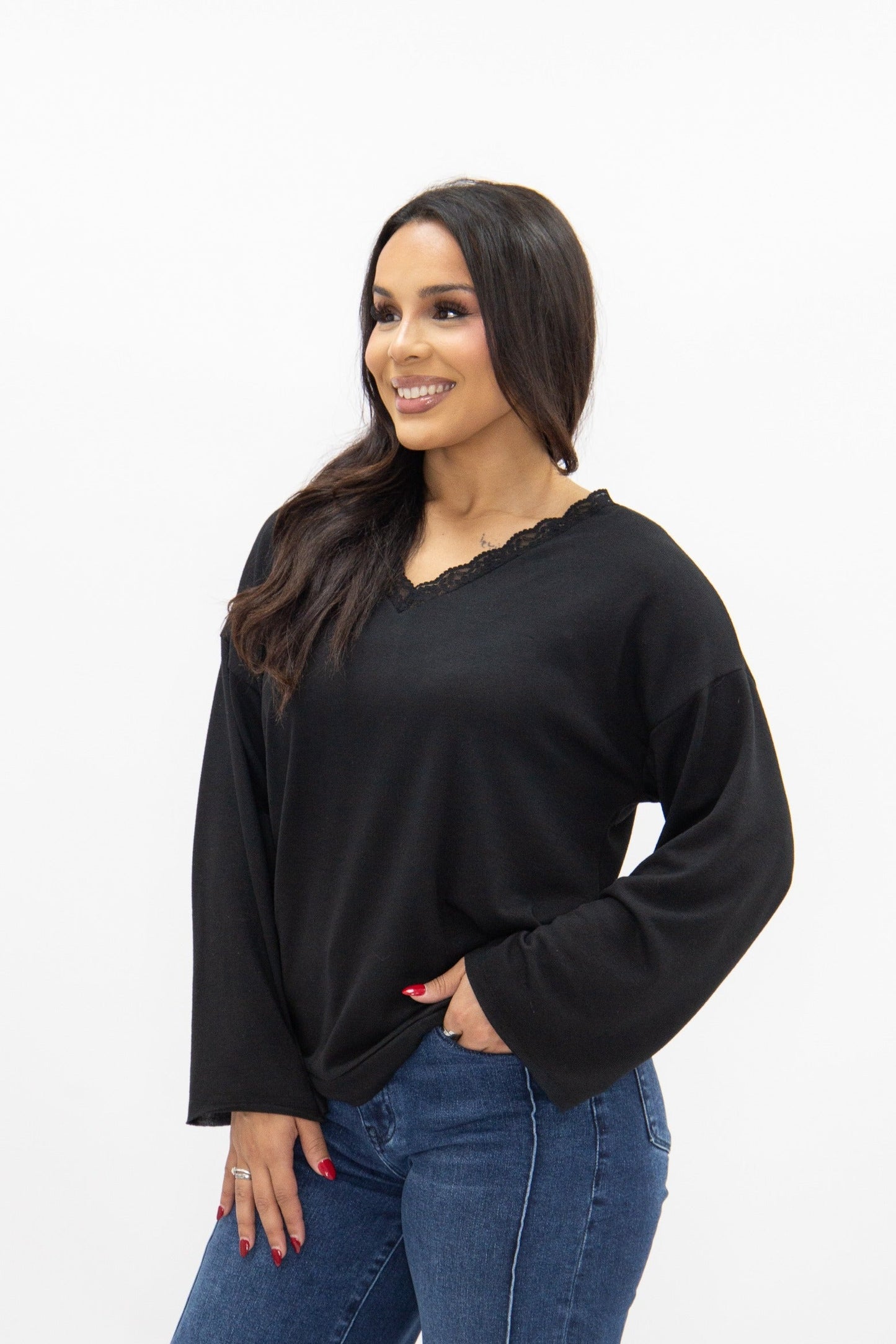 V-neck Top with Lace Trim, Black in Black view 4 - Lace Trim Tops For Women