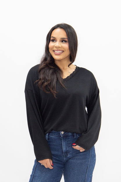 V-neck Top with Lace Trim, Black in Black view 5 - Lace Trim Tops For Women