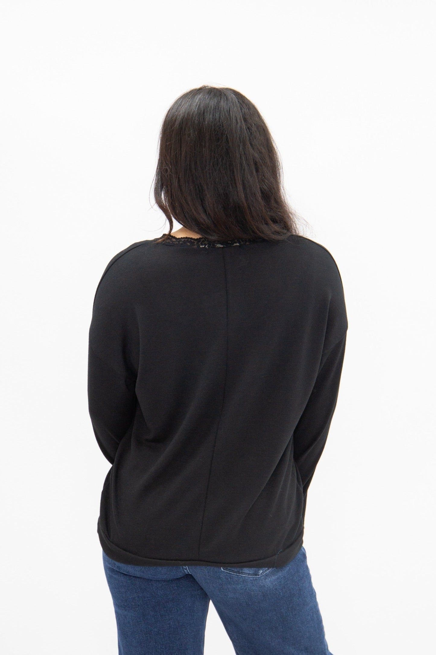 V-neck Top with Lace Trim, Black in Black view 6 - Lace Trim Tops For Women
