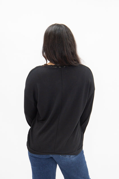 V-neck Top with Lace Trim, Black in Black view 6 - Lace Trim Tops For Women