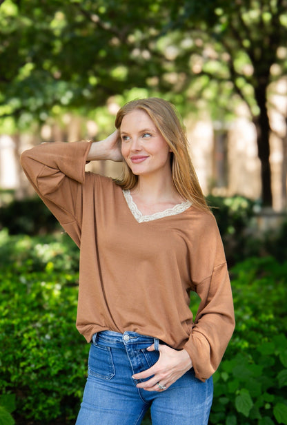 V-neck Top with Lace Trim, Brown in Brown - Lace Trim Tops For Women