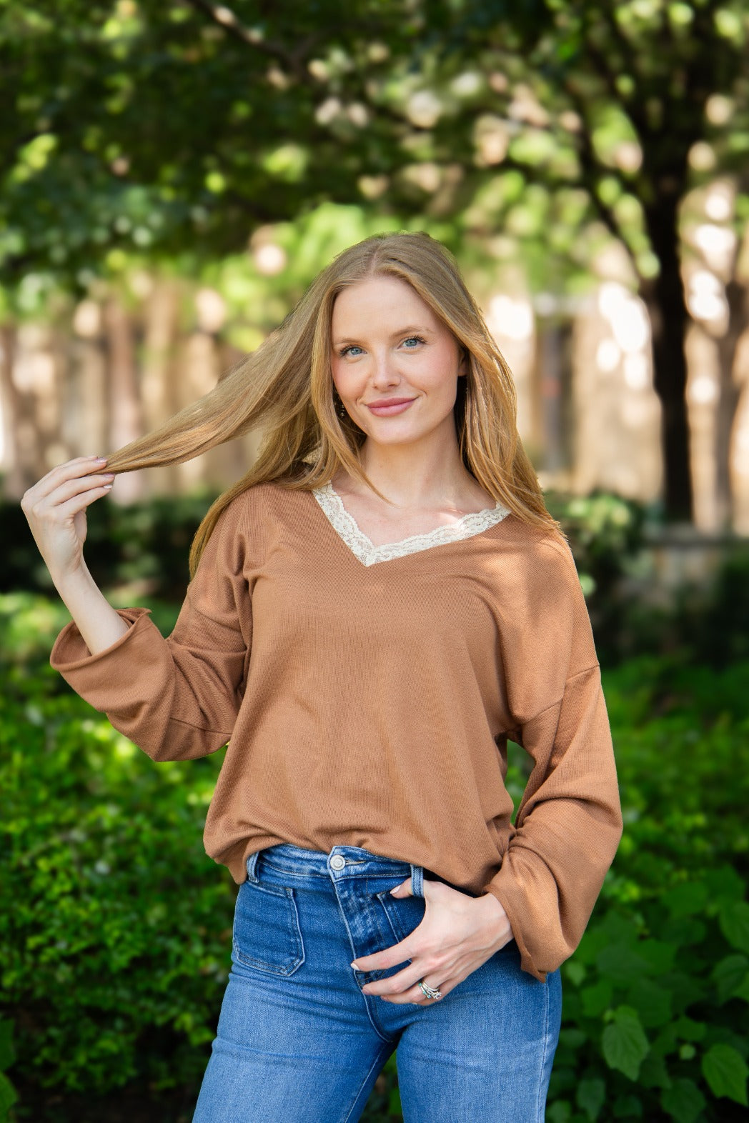 V-neck Top with Lace Trim, Brown in Brown view 2 - Lace Trim Tops For Women