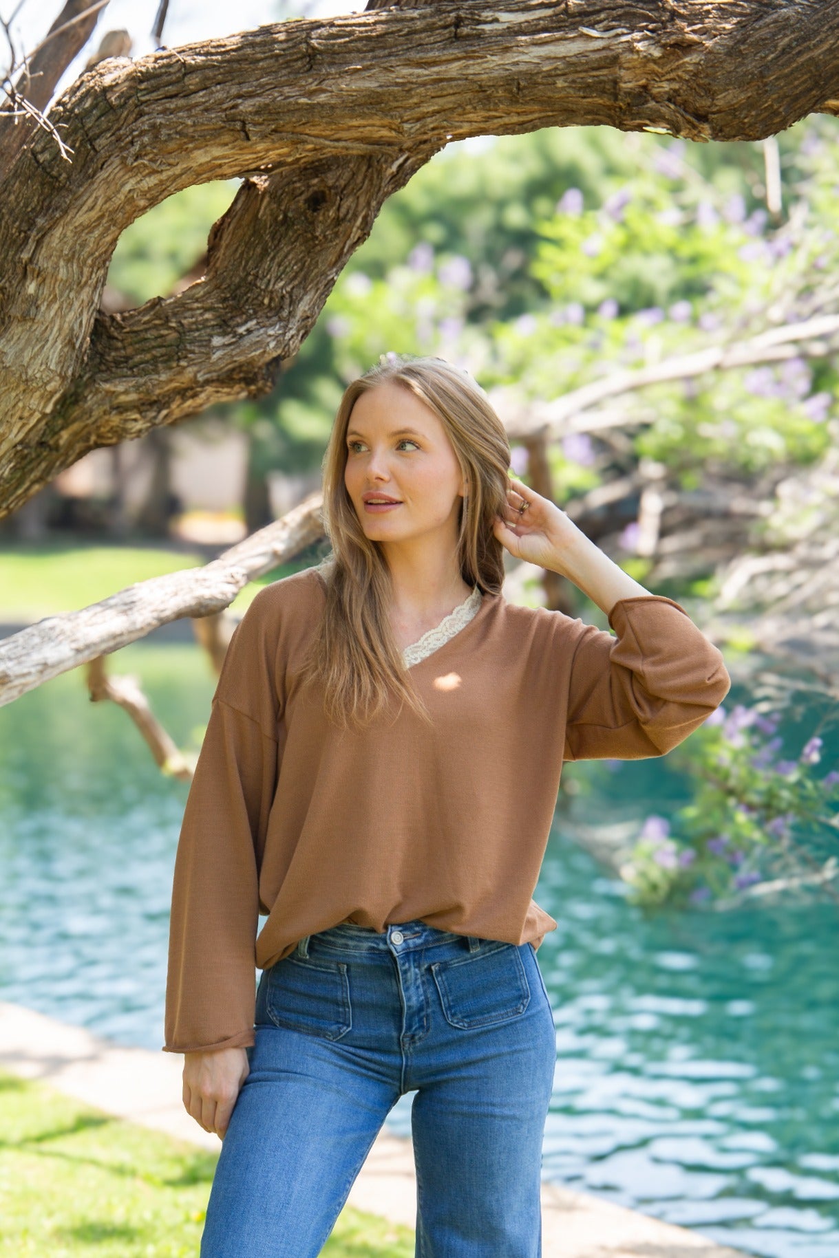 V-neck Top with Lace Trim, Brown in Brown view 3 - Lace Trim Tops For Women