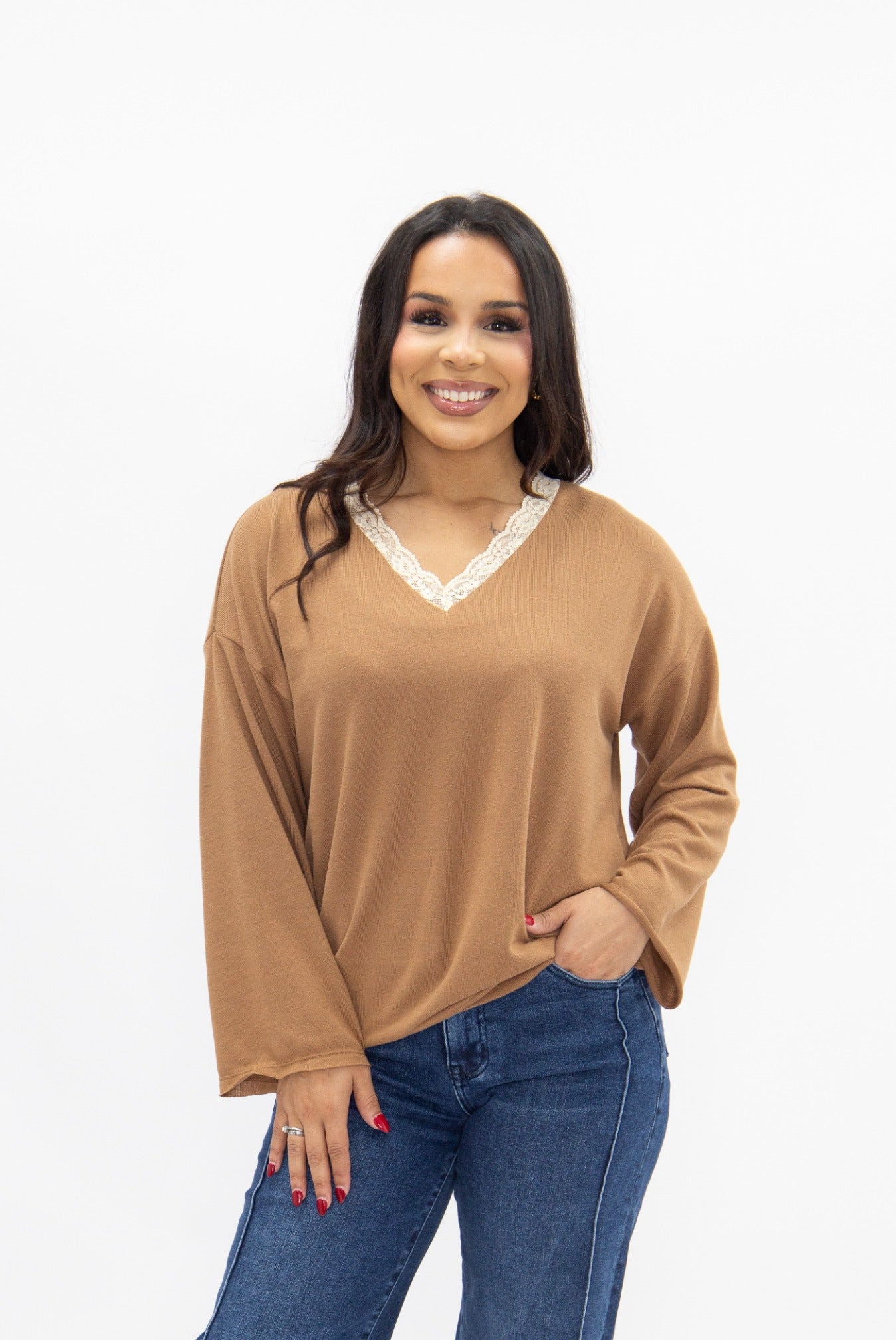 V-neck Top with Lace Trim, Brown in Brown view 4 - Lace Trim Tops For Women
