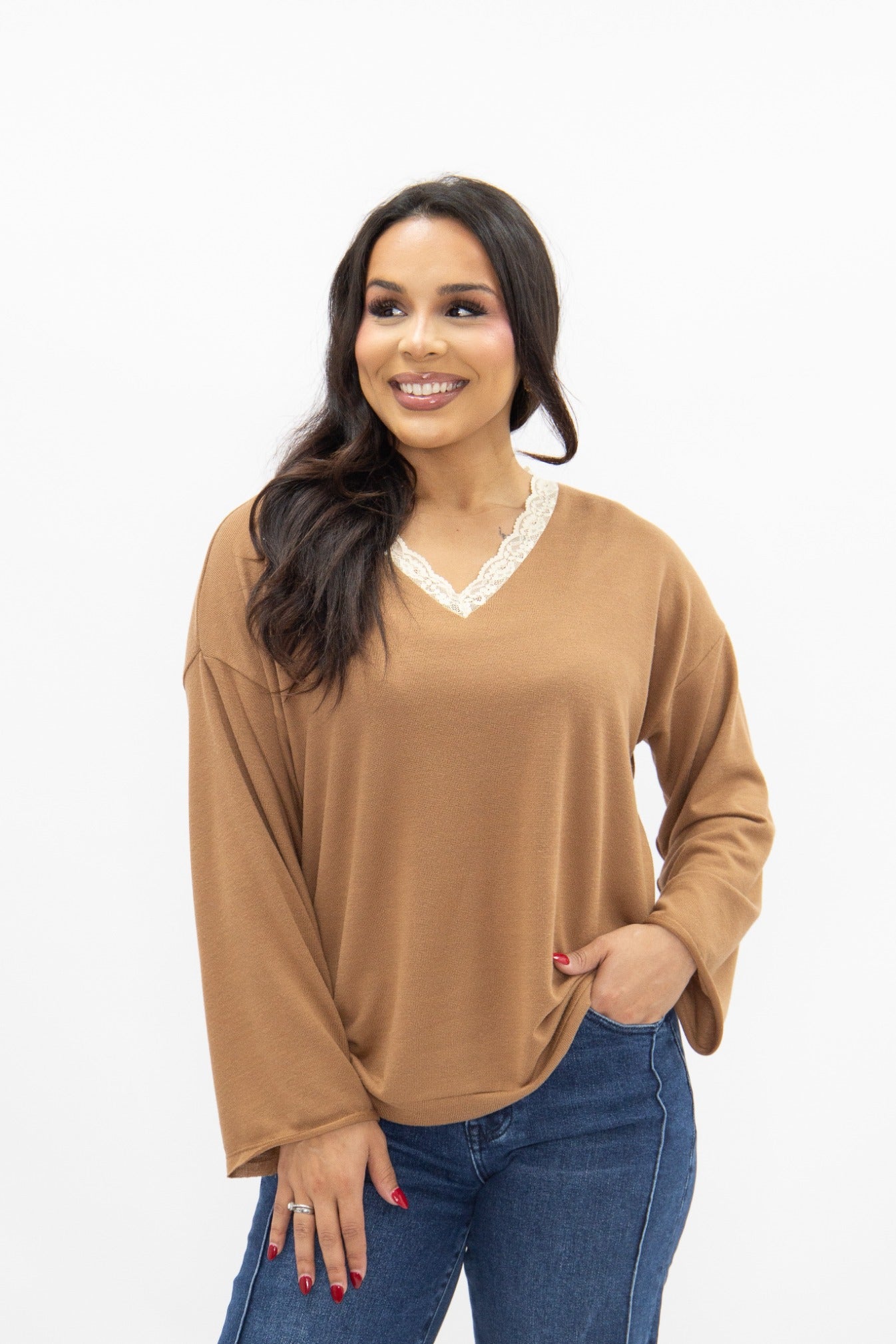 V-neck Top with Lace Trim, Brown in Brown view 5 - Lace Trim Tops For Women