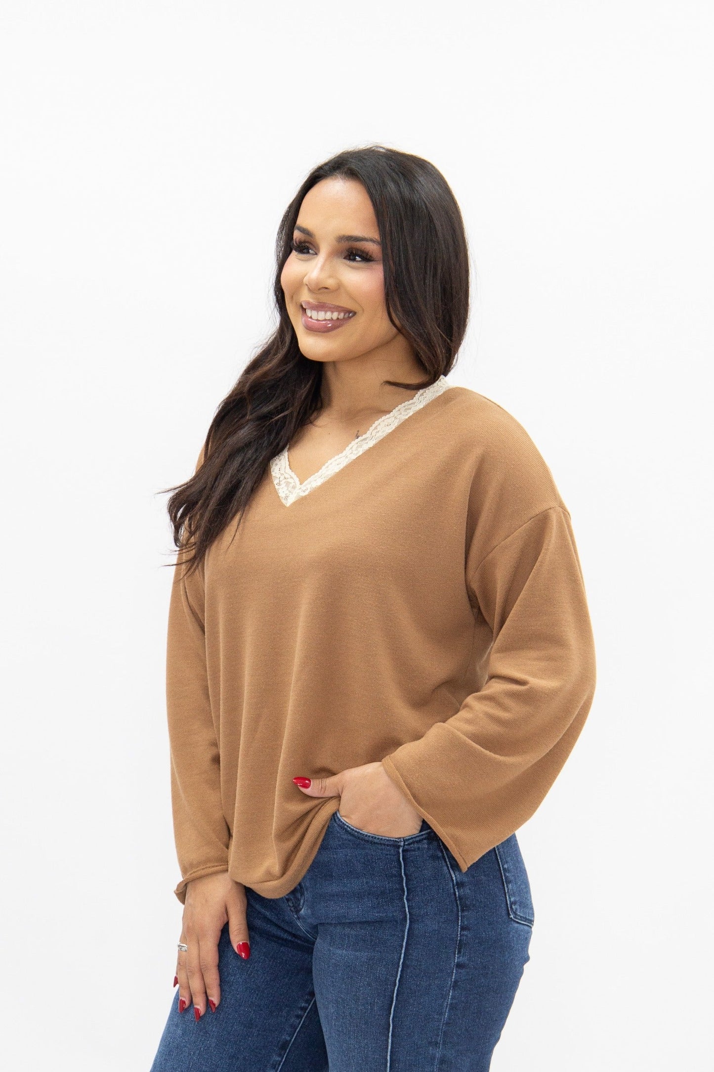 V-neck Top with Lace Trim, Brown in Brown view 6 - Lace Trim Tops For Women