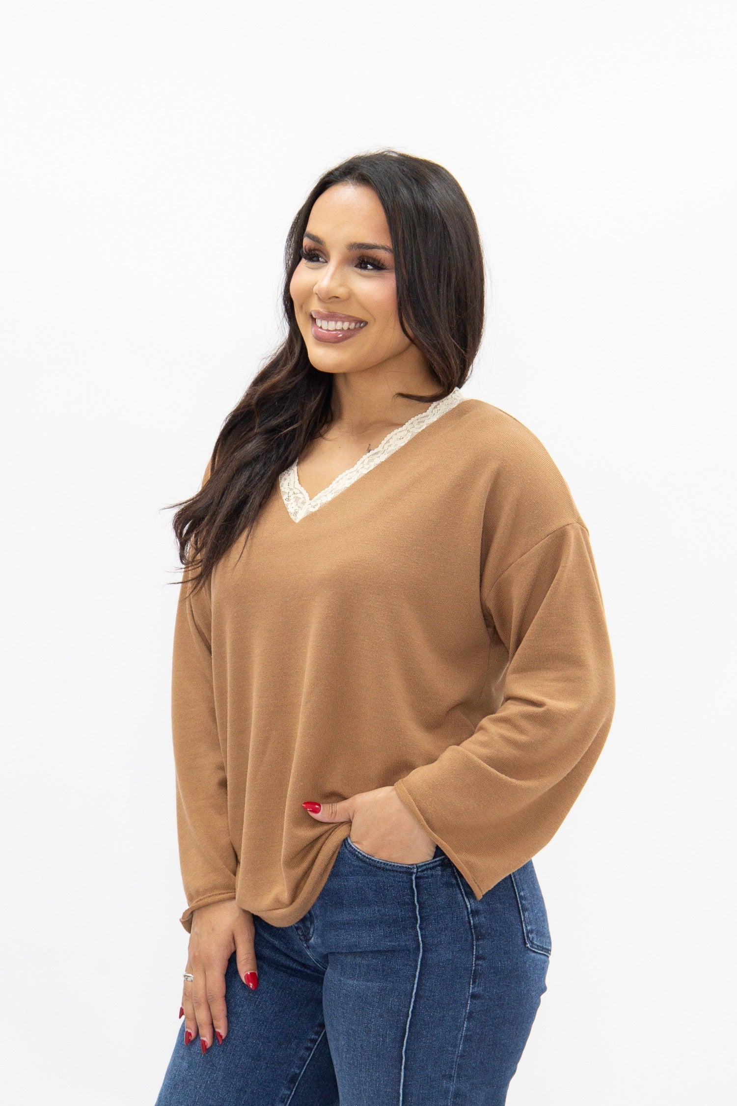 V-neck Top with Lace Trim, Brown in Brown view 6 - Lace Trim Tops For Women