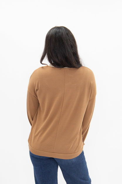 V-neck Top with Lace Trim, Brown in Brown view 7 - Lace Trim Tops For Women