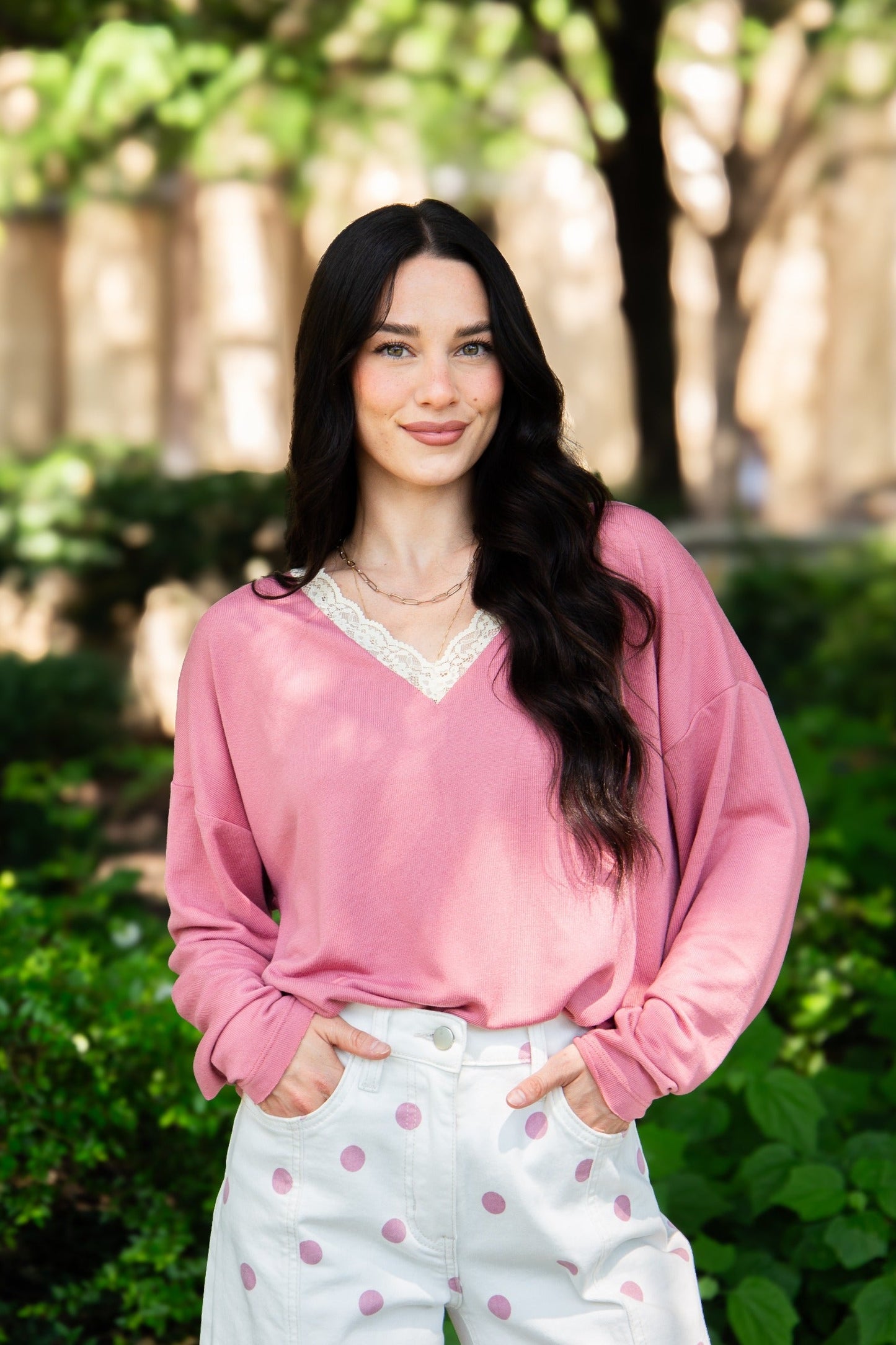 V-neck Top with Lace Trim, Dusty Rose in Dusty Rose - Lace Trim Tops For Women