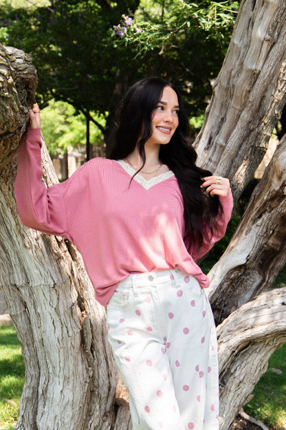 V-neck Top with Lace Trim, Dusty Rose in Dusty Rose view 3 - Lace Trim Tops For Women