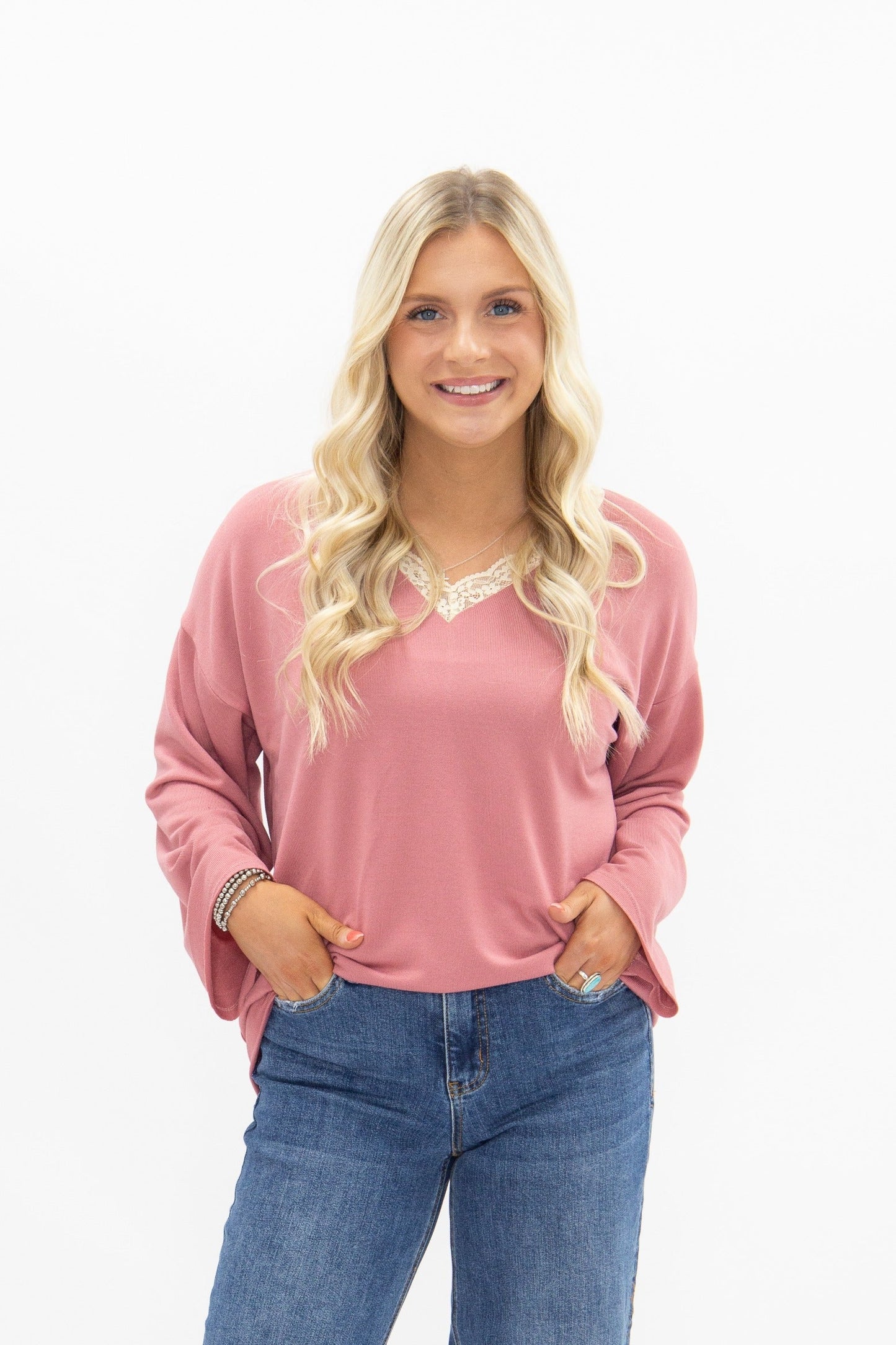 V-neck Top with Lace Trim, Dusty Rose in Dusty Rose view 4 - Lace Trim Tops For Women