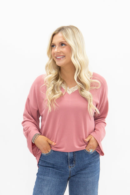 V-neck Top with Lace Trim, Dusty Rose in Dusty Rose view 5 - Lace Trim Tops For Women