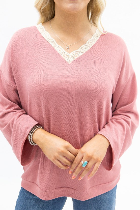 V-neck Top with Lace Trim, Dusty Rose in Dusty Rose view 6 - Lace Trim Tops For Women
