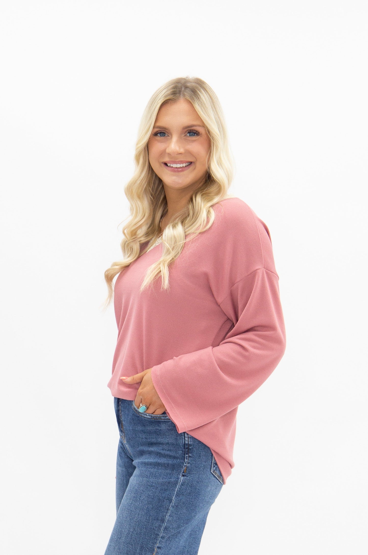 V-neck Top with Lace Trim, Dusty Rose in Dusty Rose view 7 - Lace Trim Tops For Women