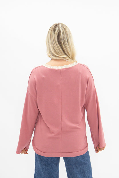 V-neck Top with Lace Trim, Dusty Rose view 8 - Lace Trim Tops For Women