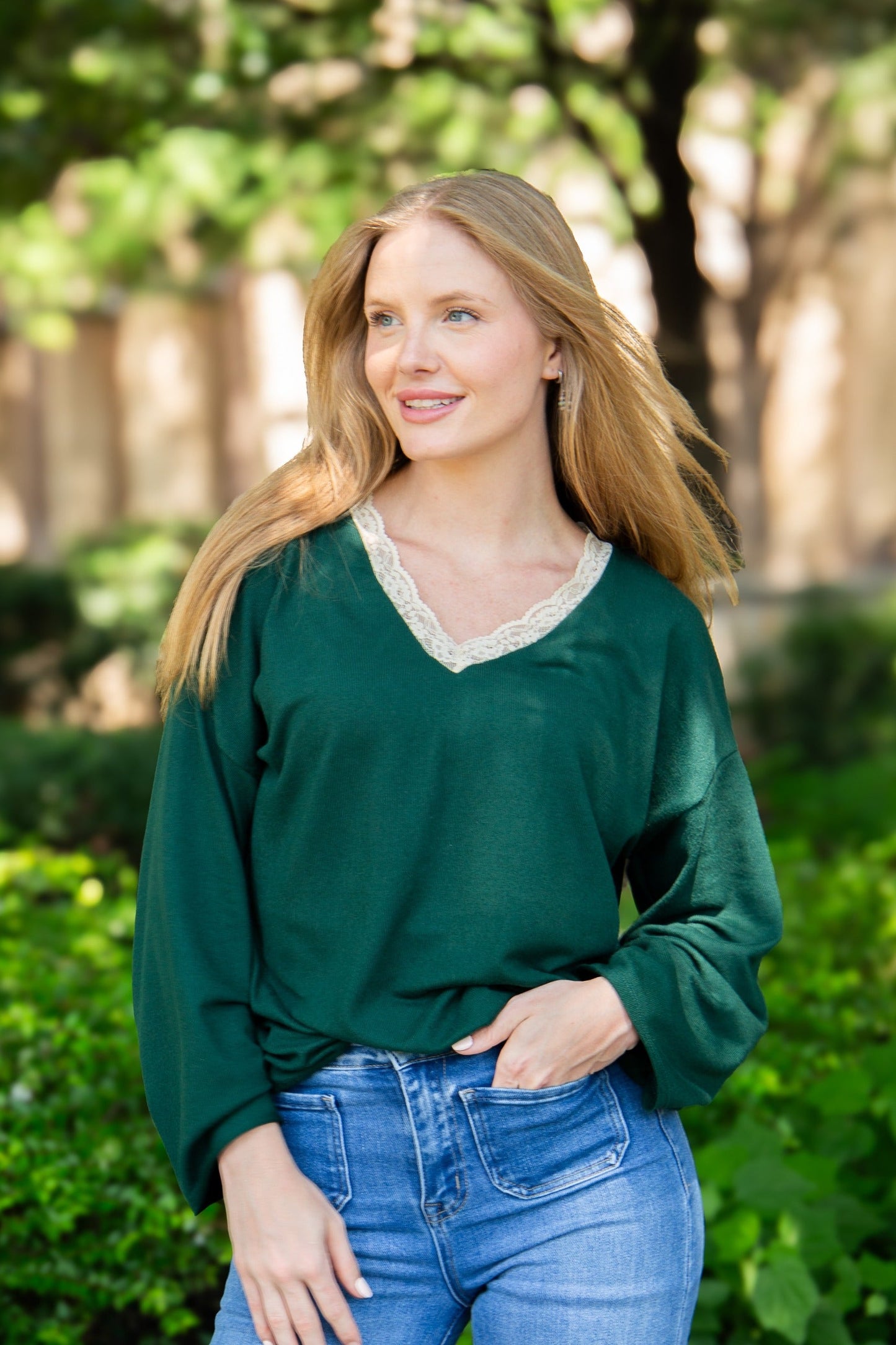 V-neck Top with Lace Trim, Forest Green in Forest Green - Lace Trim Tops For Women