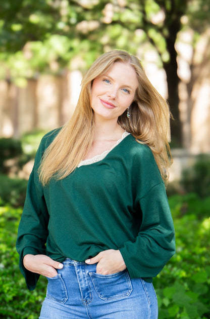 V-neck Top with Lace Trim, Forest Green in Forest Green view 2 - Lace Trim Tops For Women