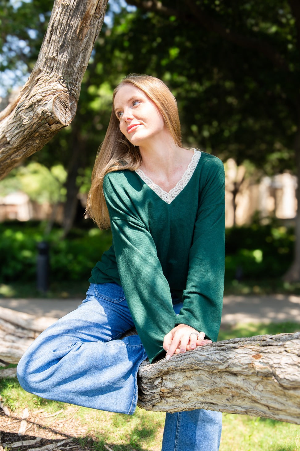 V-neck Top with Lace Trim, Forest Green in Forest Green view 3 - Lace Trim Tops For Women