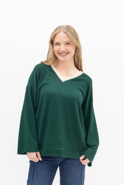 V-neck Top with Lace Trim, Forest Green in Forest Green view 4 - Lace Trim Tops For Women