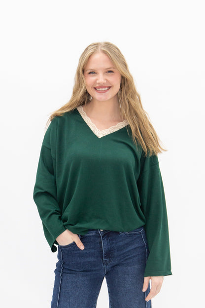 V-neck Top with Lace Trim, Forest Green in Forest Green view 5 - Lace Trim Tops For Women