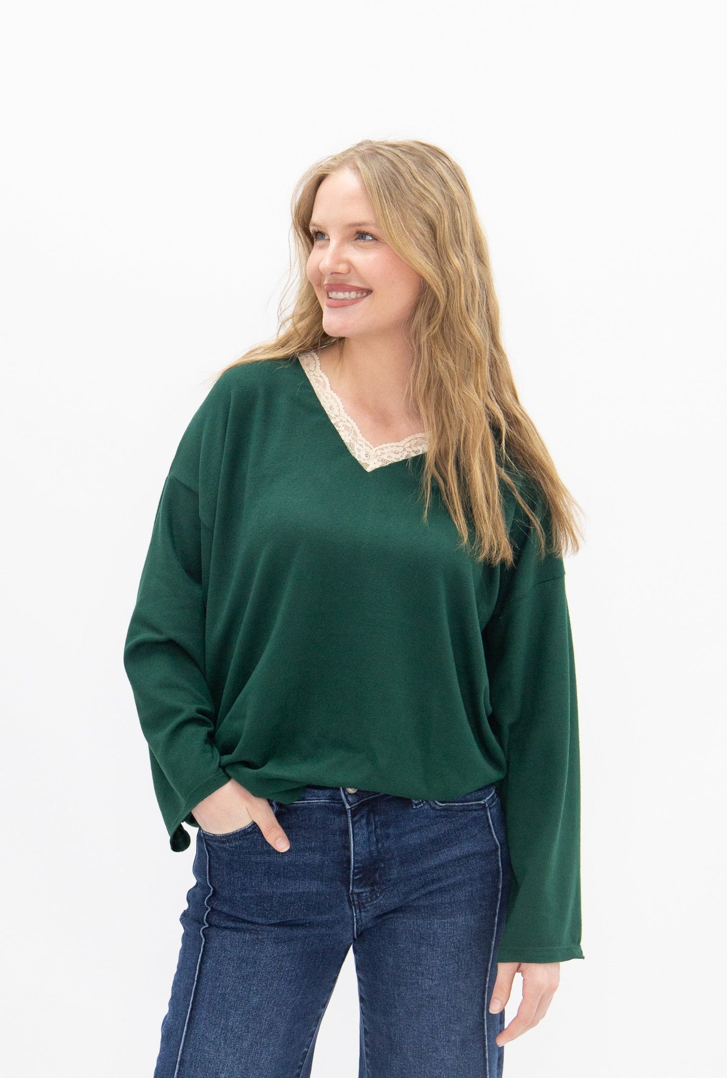 V-neck Top with Lace Trim, Forest Green in Forest Green view 6 - Lace Trim Tops For Women